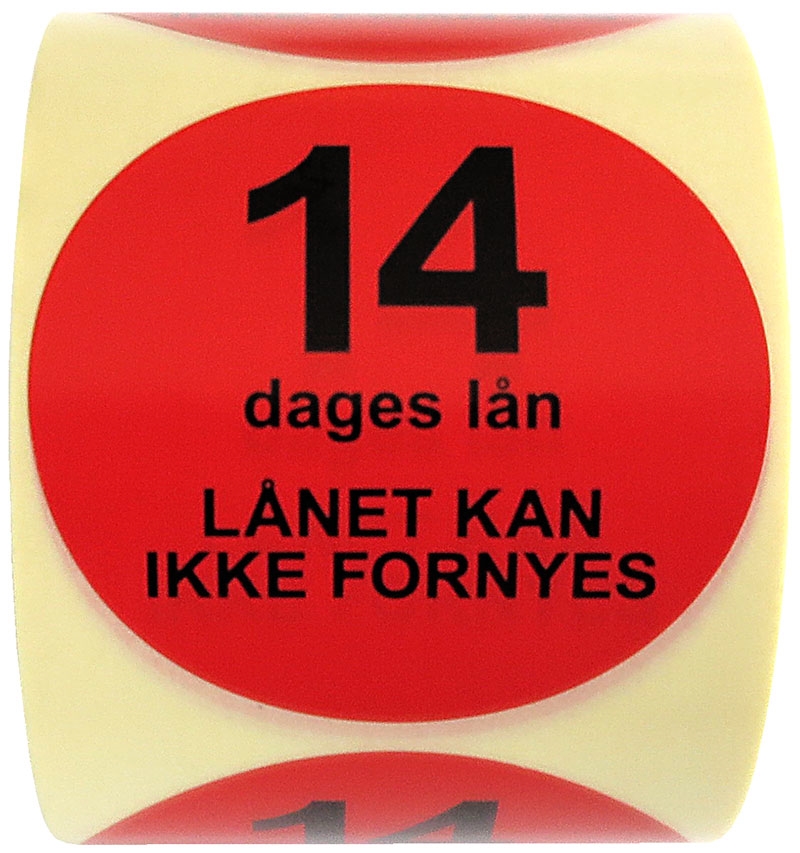 Rulleetiket Ø50. 14-dages lån, RØD - aftagelig eller permanent - 1.000 stk.