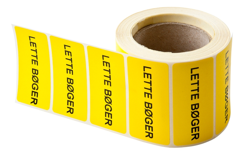 Rulleetiket 50 x 25 mm. Valgfri sort tekst, GUL - 1000 stk.